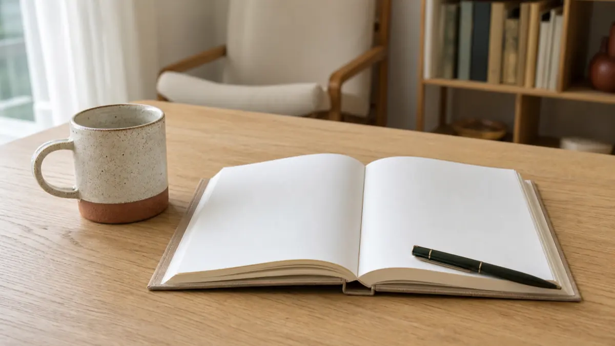 Caderno aberto, caneta e caneca sobre uma mesa em luz natural