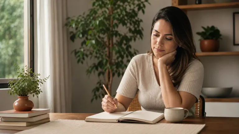 Mulher observa um caderno em branco durante um momento de hesitação e reflexão em casa