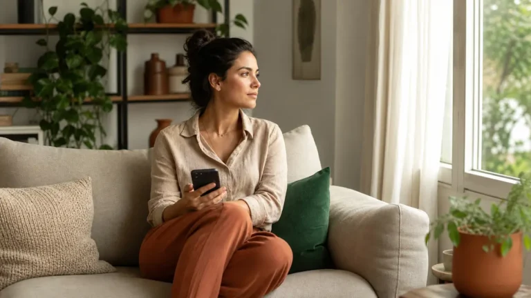 Mulher pausa o uso do celular e olha pela janela em um momento de reflexão.