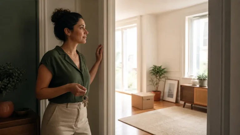 Mulher segura as chaves e observa com cautela uma sala nova e iluminada