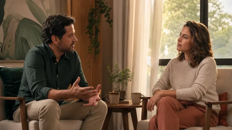 Casal conversa com atenção em uma sala acolhedora durante um momento de reflexão sobre a relação