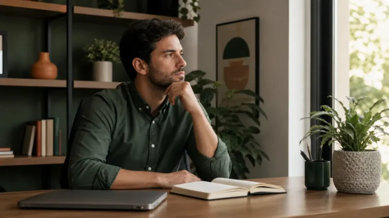 Homem faz uma pausa diante do computador antes de começar uma tarefa importante.
